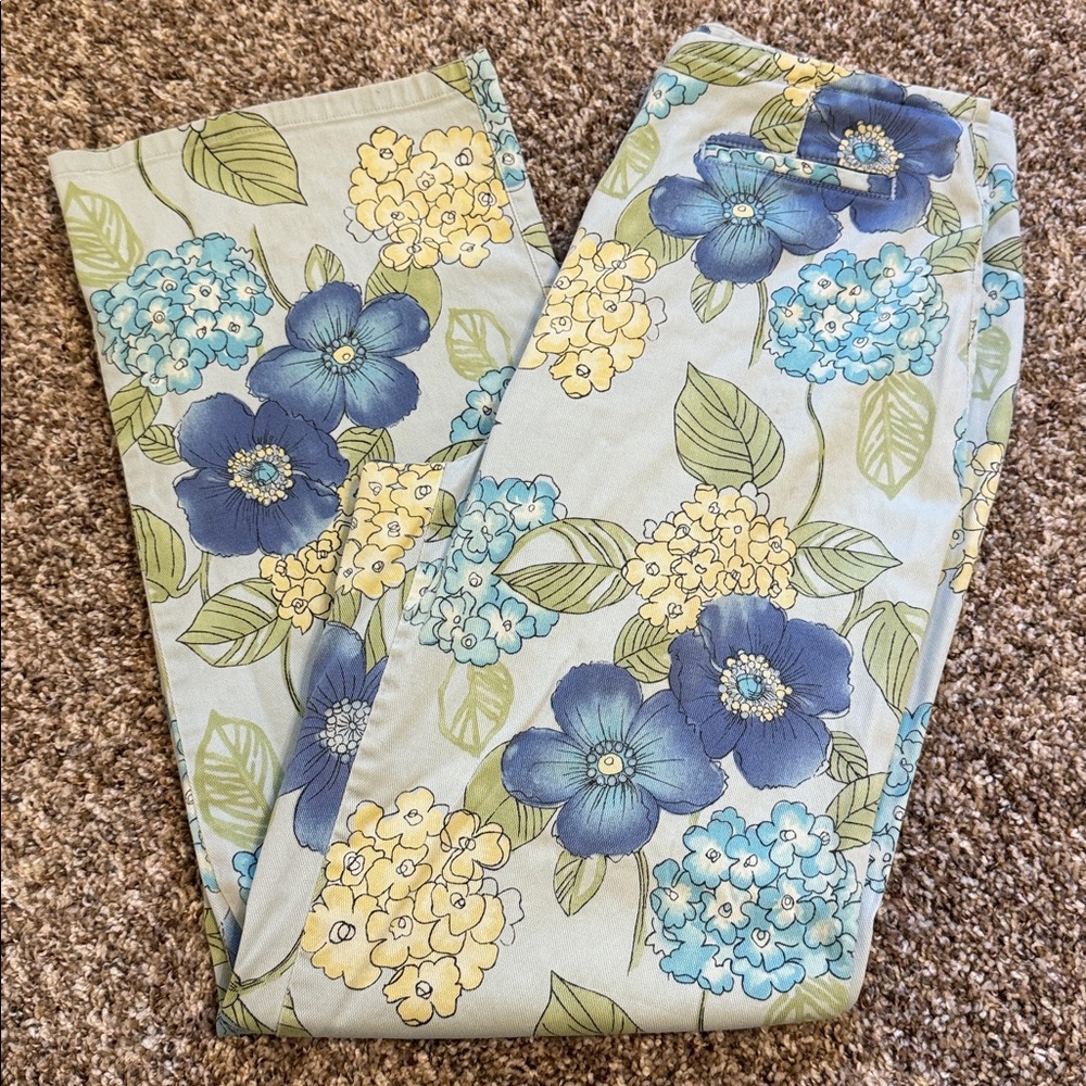 Talbots Floral Print Pants with Blue and Yellow Accents